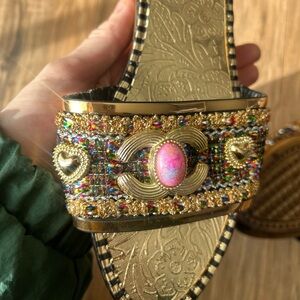 Pollini Gold Multicolor Beaded Slide with Pink Cabochon